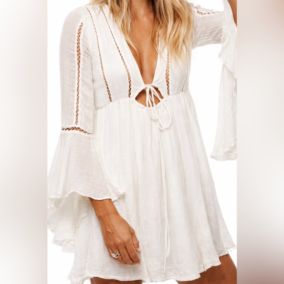 Free People Romeo Mini Dress White Boho Bell Sleeve V-Neck Lace Detail - Picture 4 of 6